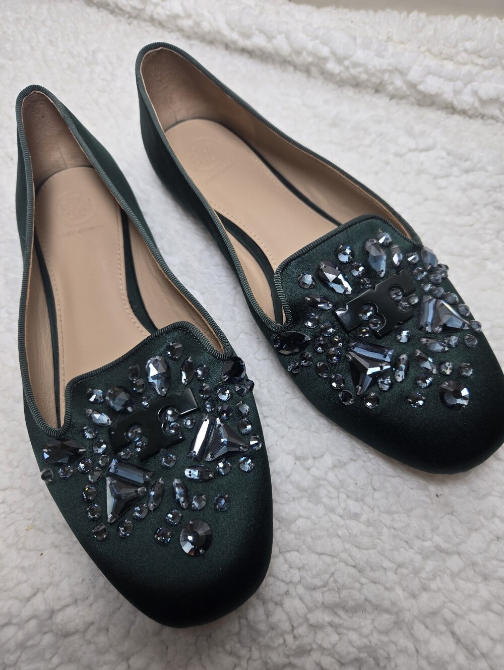 Tory Burch Delphine loafers crystal embellishments 8.5 green satin flats slides